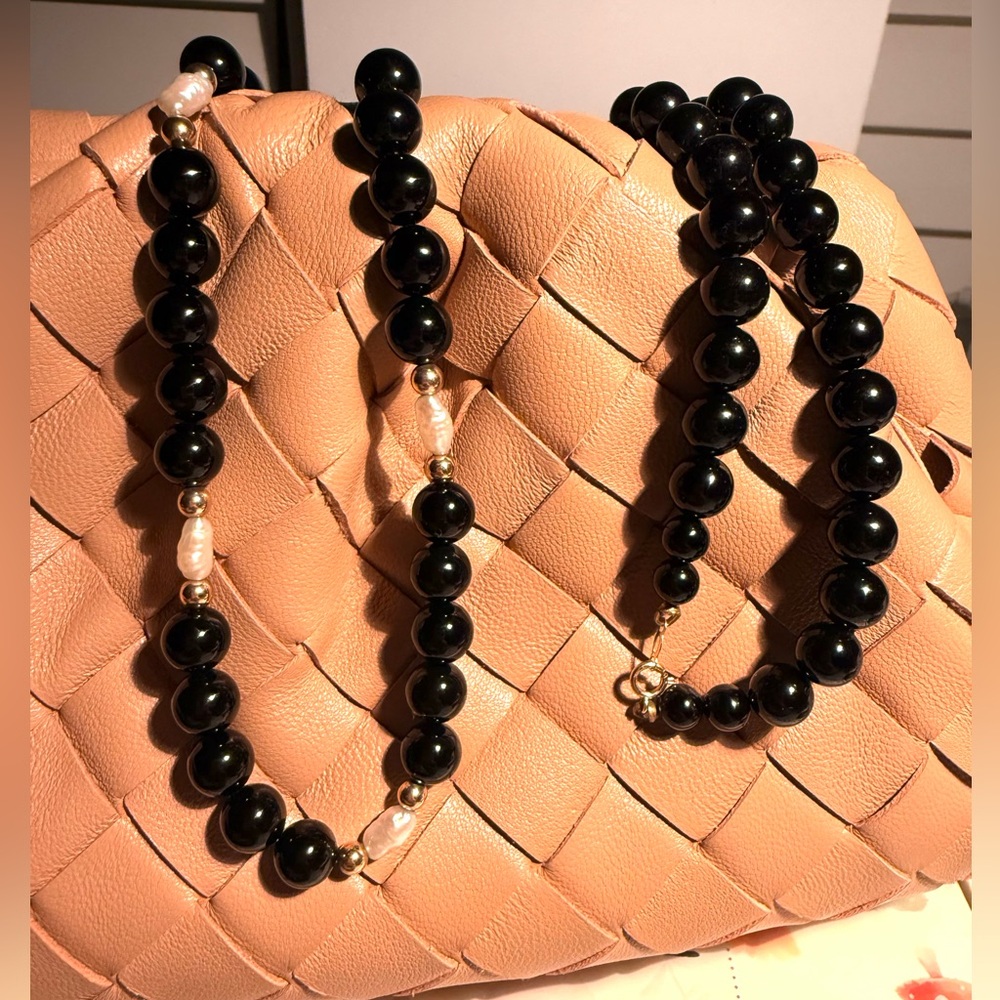 14kt solid gold beads and clasp, black onyx and pearls necklace